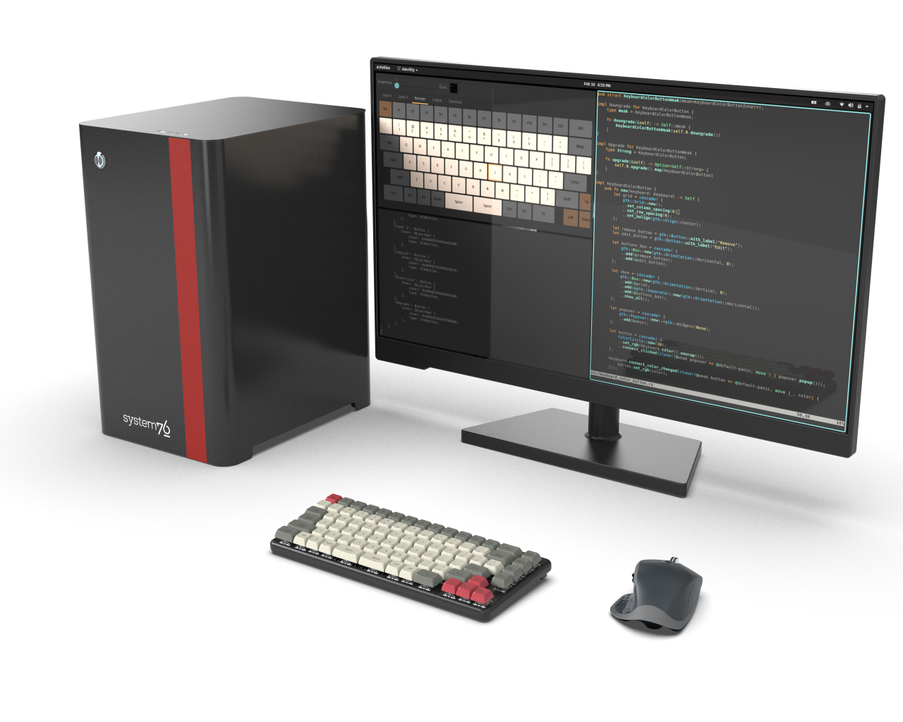Desk setup with a Thelio workstation, an external display, and the Launch keyboard where brown, red, or blue keycaps of the Escape and Arrow keys match the accent colors on a Thelio machine.