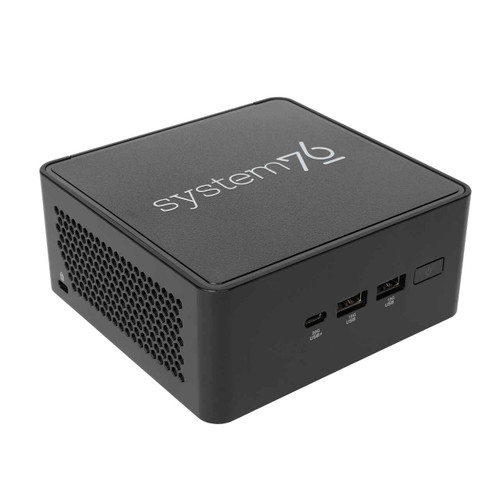 The Meerkat mini PC, seen at a 45-degree angle from the front.