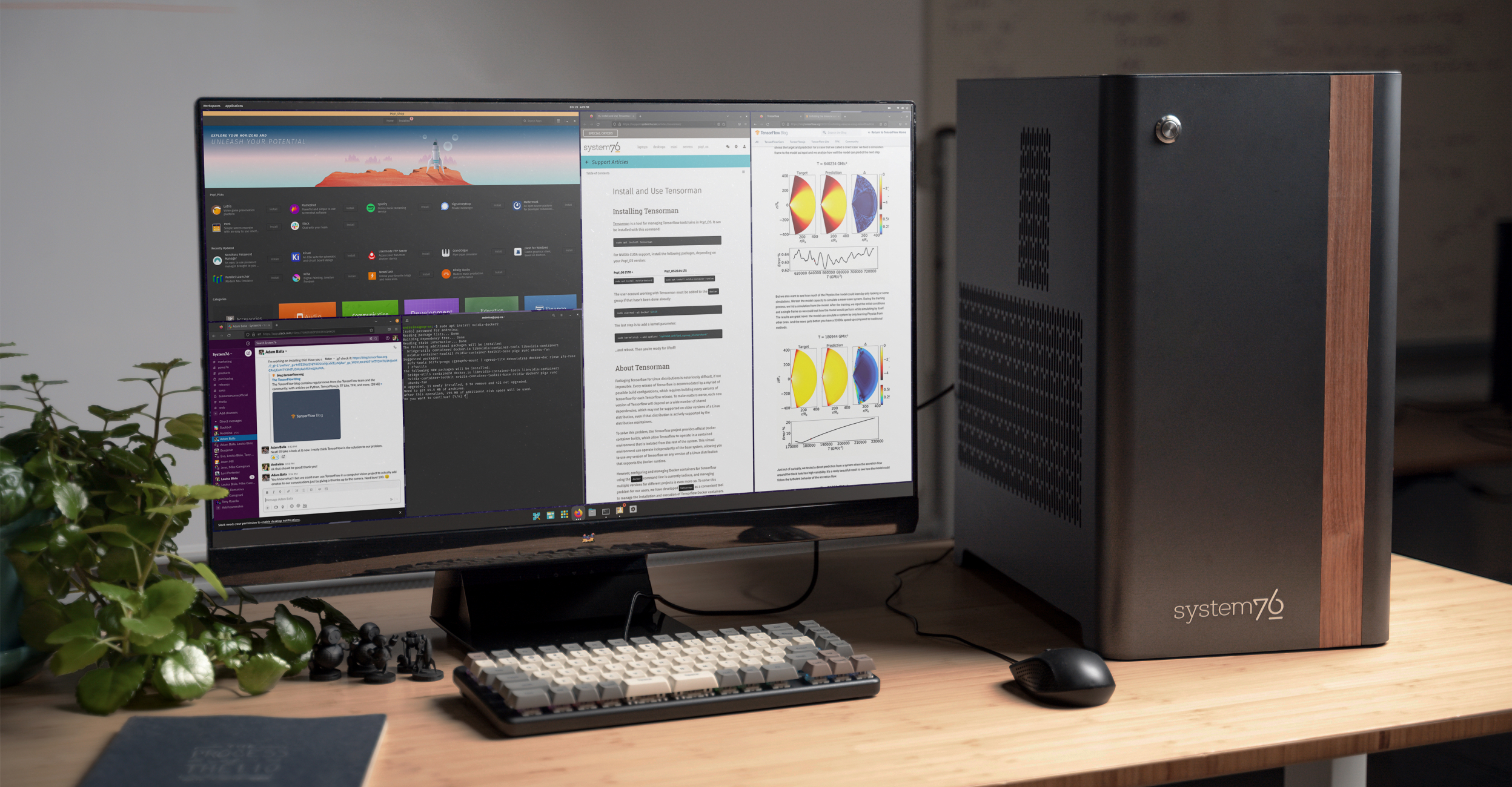 Mega WS with a walnut accent sitting on a desk running simulations on screen