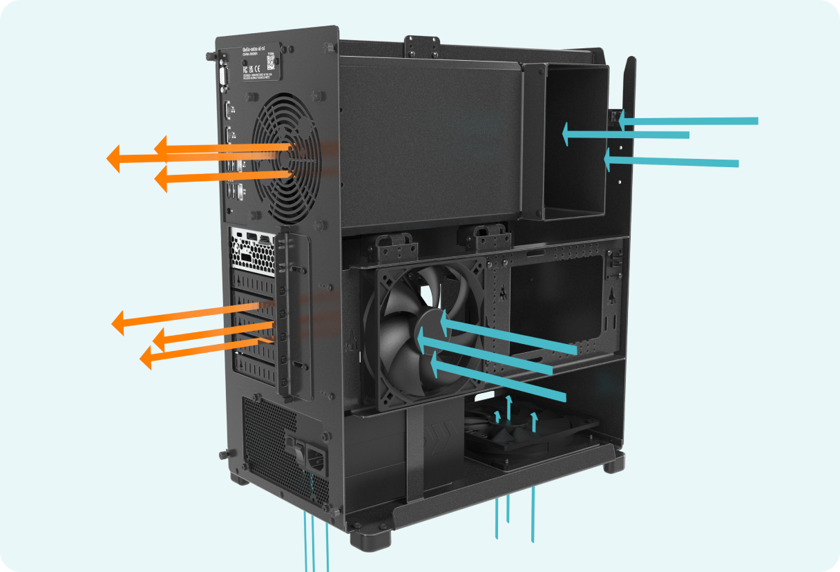 Thelio desktop internal showing airflow into the separate CPU and GPU chamber.