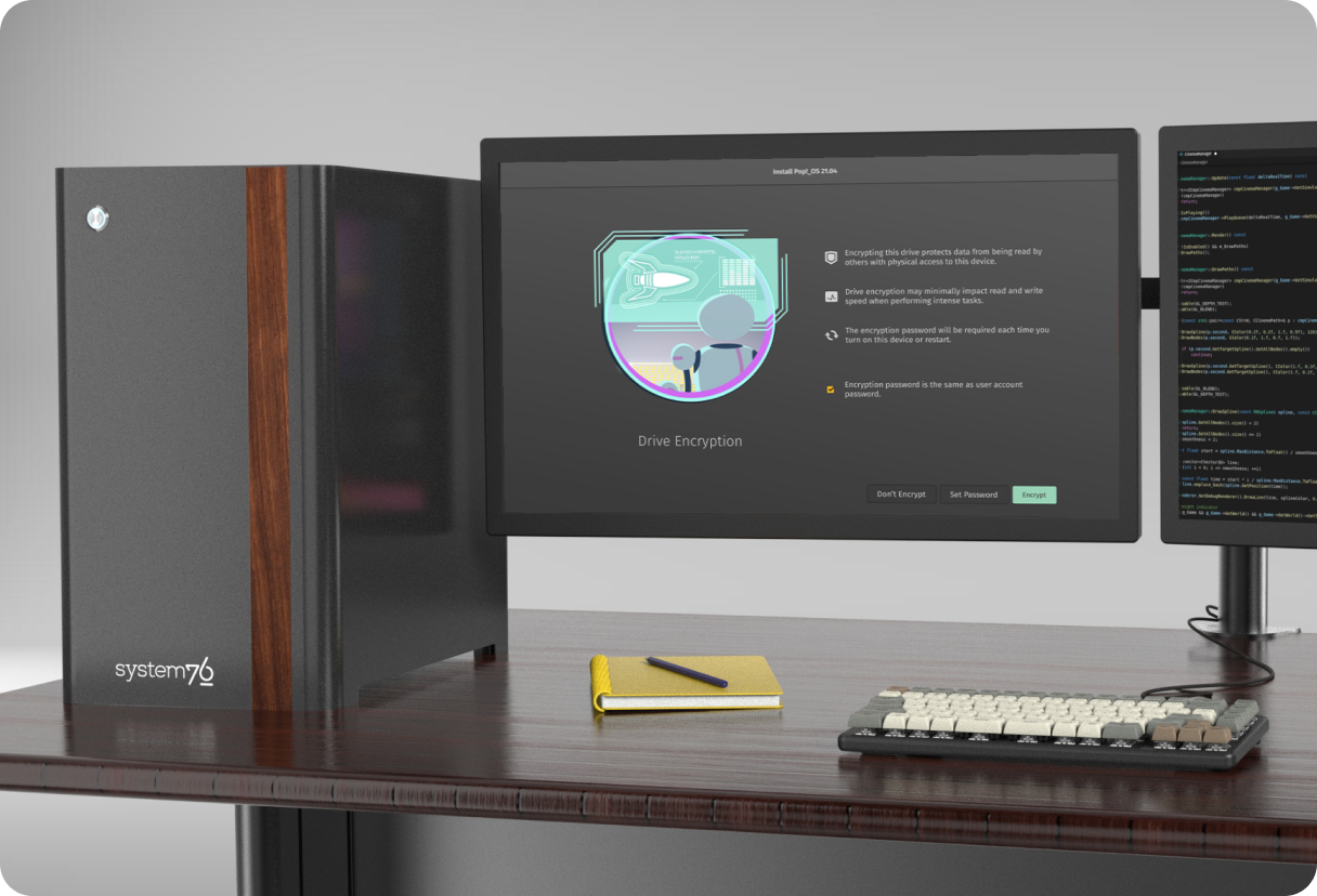 a powerful desktop with a notebook on the desk