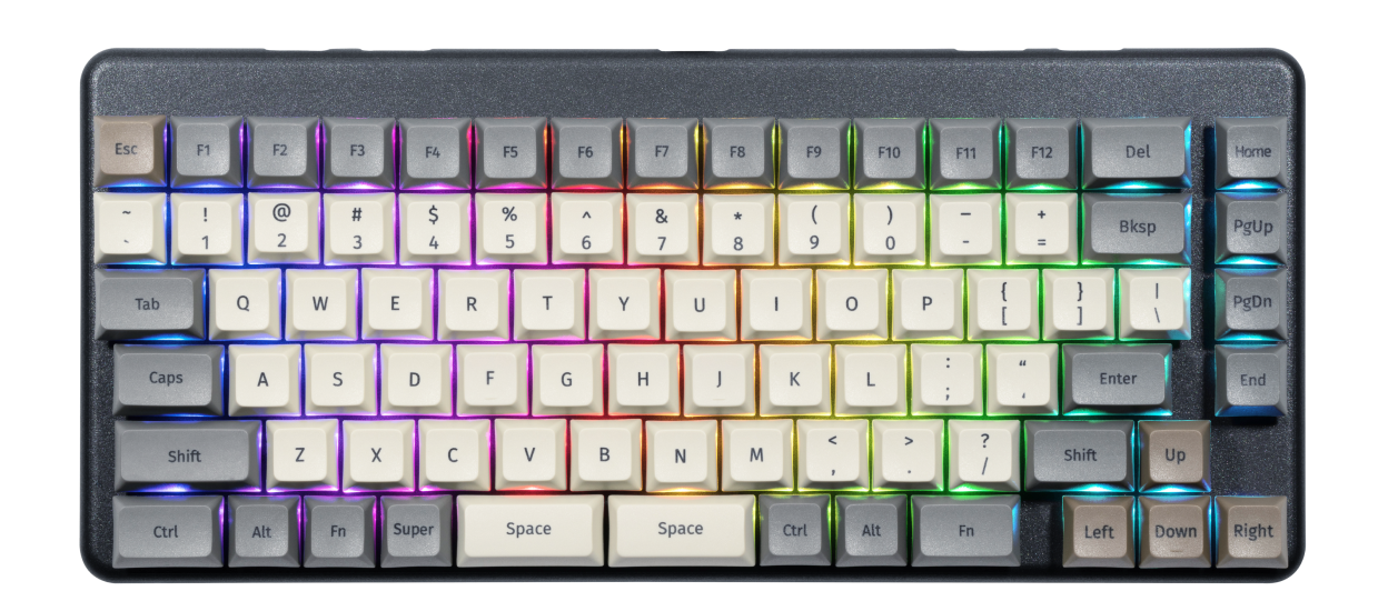 The Launch keyboard layout mainly differs from other keyboards in the arrangement of the bottom row keys, from left to right: Ctrl, Alt, Fn, Super, the split spacebar, Ctrl, Alt, Fn.