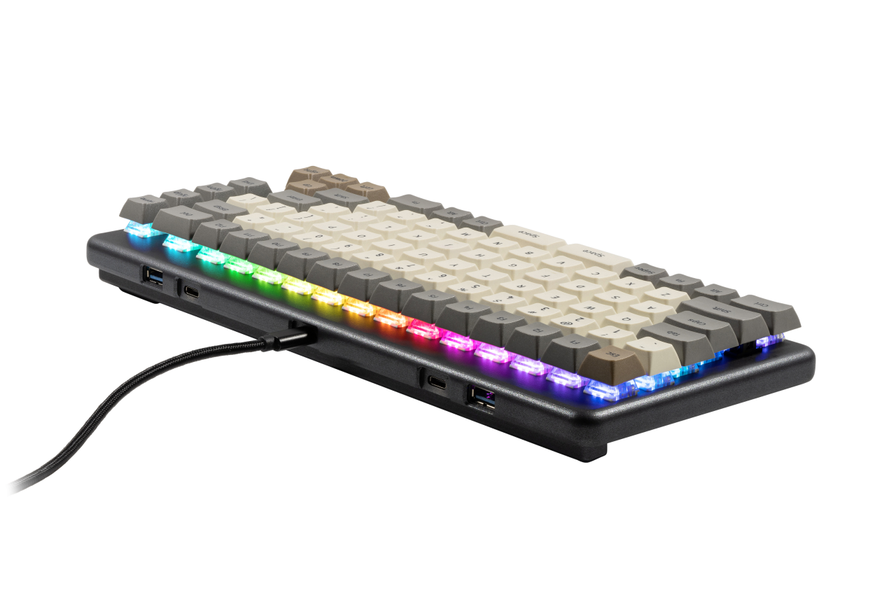 A view from behind the keyboard with rainbow LEDs turned on.