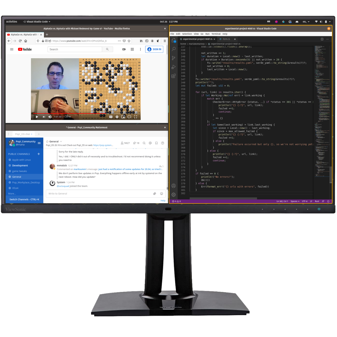 Front-facing 27 inches1440p IPS monitor displaying Pop!_OS.