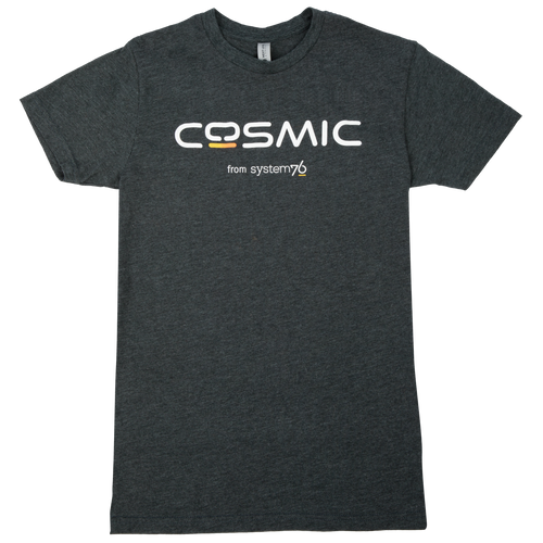 COSMIC dark grey heathered t-shirt with COSMIC logo on front of shirt.