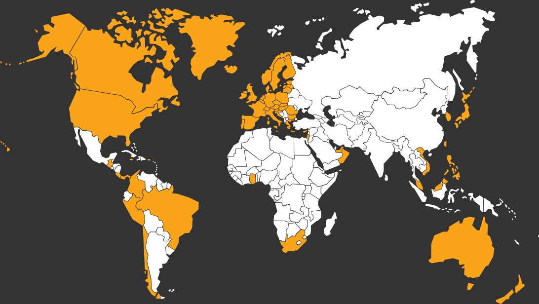 World map with highlighted countries that are eligible for direct shipping.